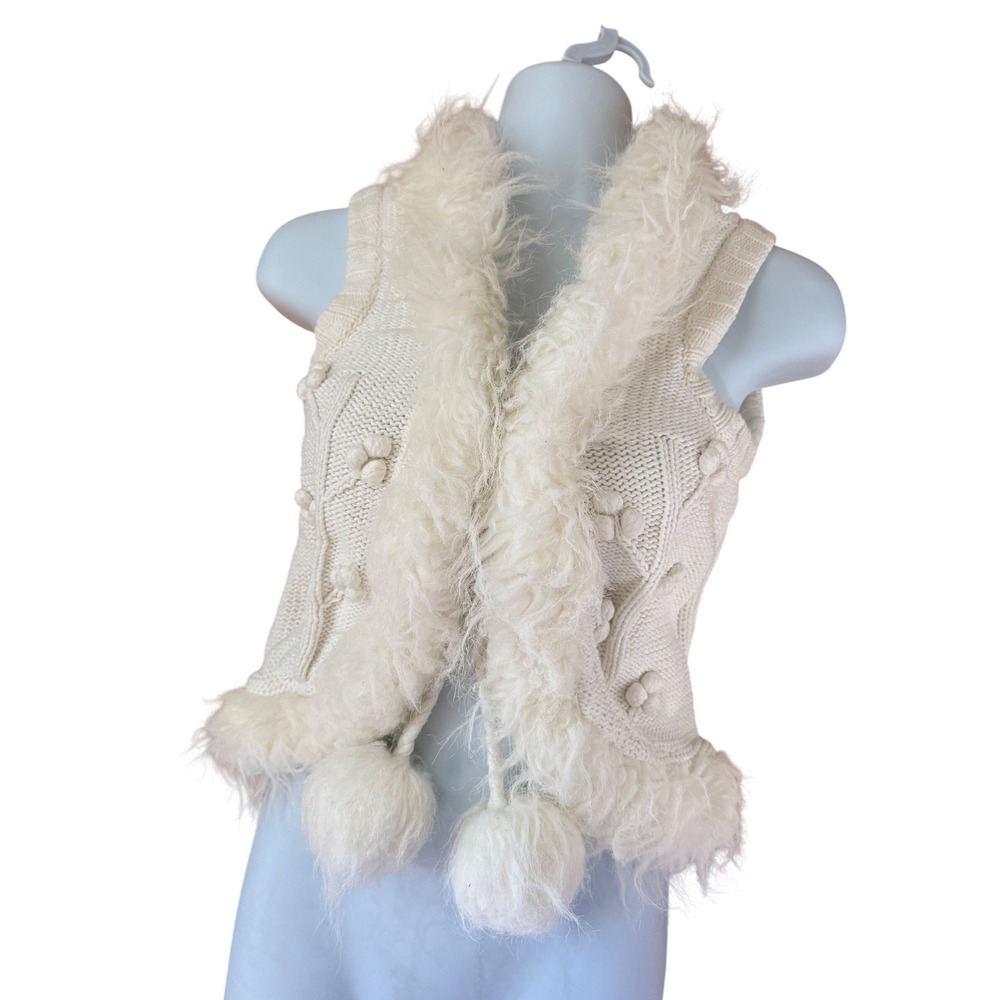 Y2K 2000s The Childrens Place Girls Cream Knit Faux Fur Trim Vest Pom Pom